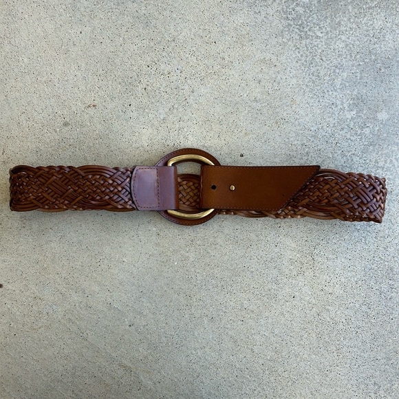 Accessories - Brown Bonded Leather Braided Woven Wide Belt, XL